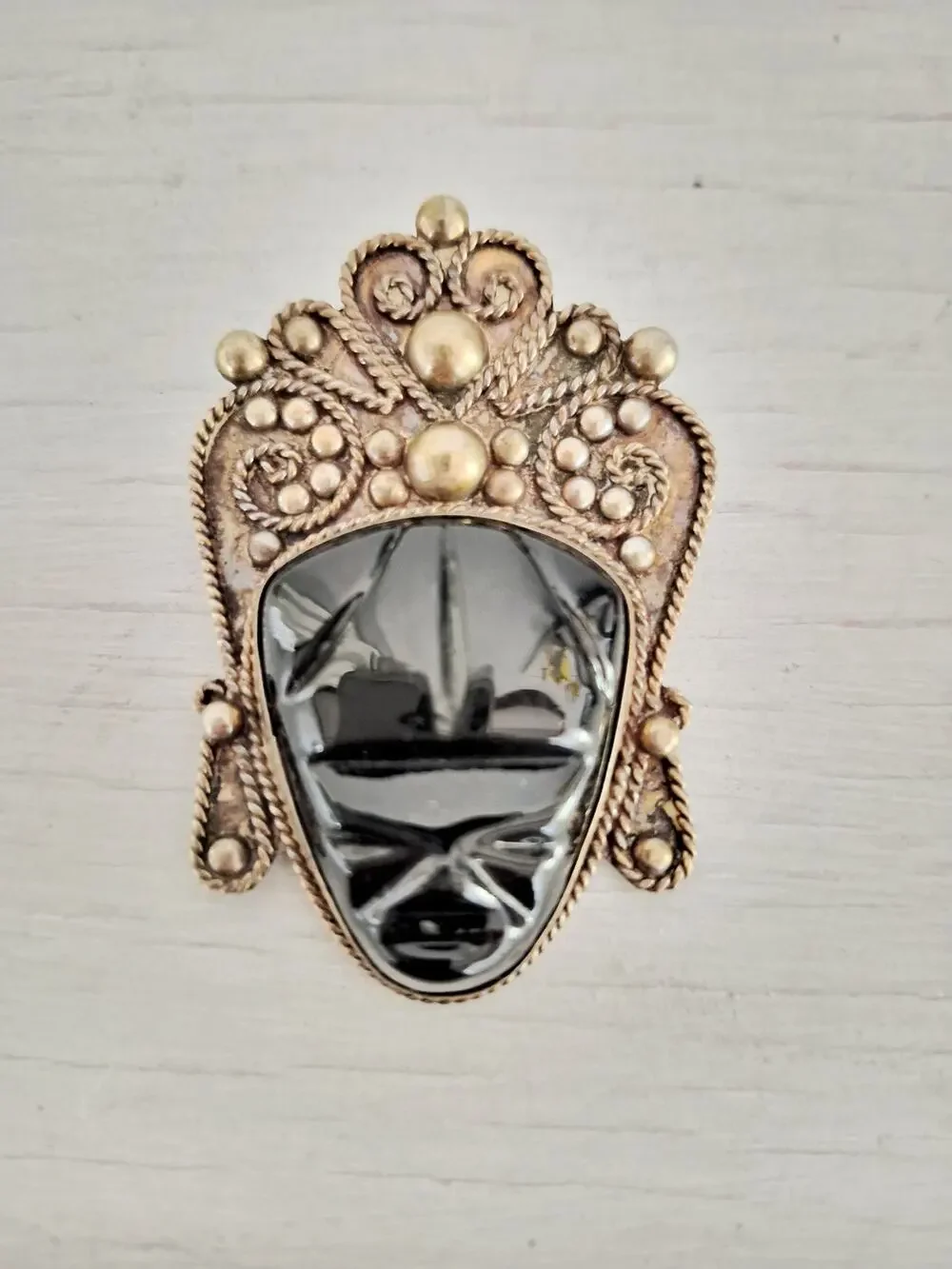 Vintage Mexican Sterling Silver Black Onyx Carved Face Mask Brooch Pin